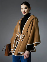 Aurohaya Women’s Short Wool Blend Poncho Coat with Hood & Bow Oversized Batwing Sleeve Winter Outerwear